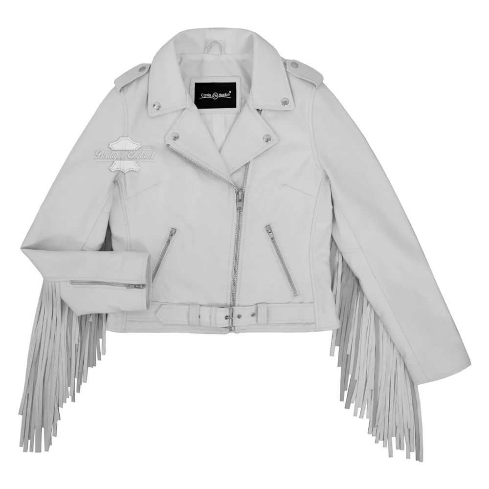 Fringed white leather jacket